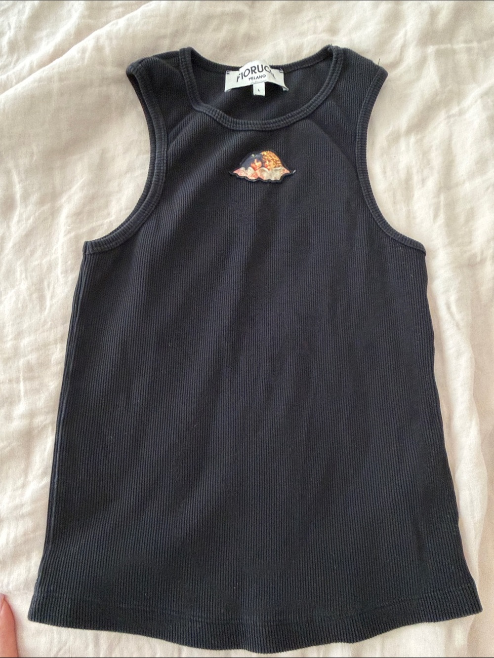 Fiorucci Black Ribbed Kids Tank with Angels Patch